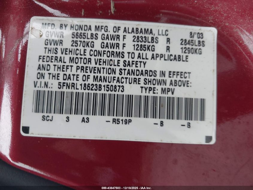 2003 Honda Odyssey Ex VIN: 5FNRL18623B150873 Lot: 43847503