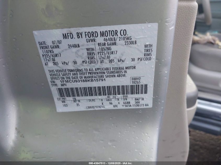 2008 Ford Escape Xlt VIN: 1FMCU93188KB15791 Lot: 43847513