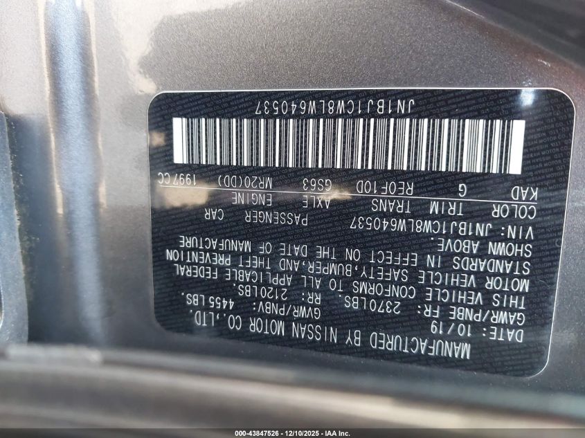 2020 Nissan Rogue Sport S Awd Xtronic Cvt VIN: JN1BJ1CW8LW640537 Lot: 43847526