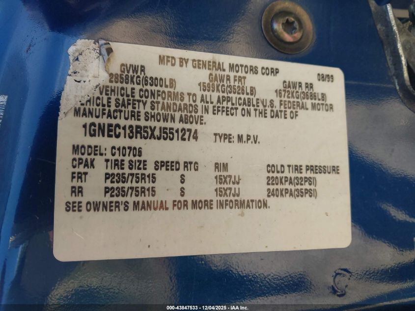 1999 Chevrolet Tahoe Lt VIN: 1GNEC13R5XJ551274 Lot: 43847533