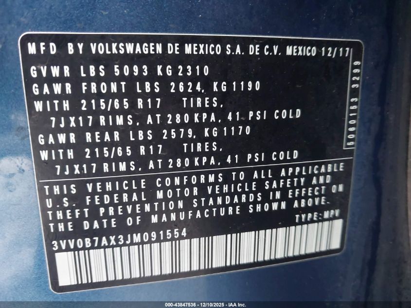 2018 Volkswagen Tiguan 2.0T S VIN: 3VV0B7AX3JM091554 Lot: 43847536