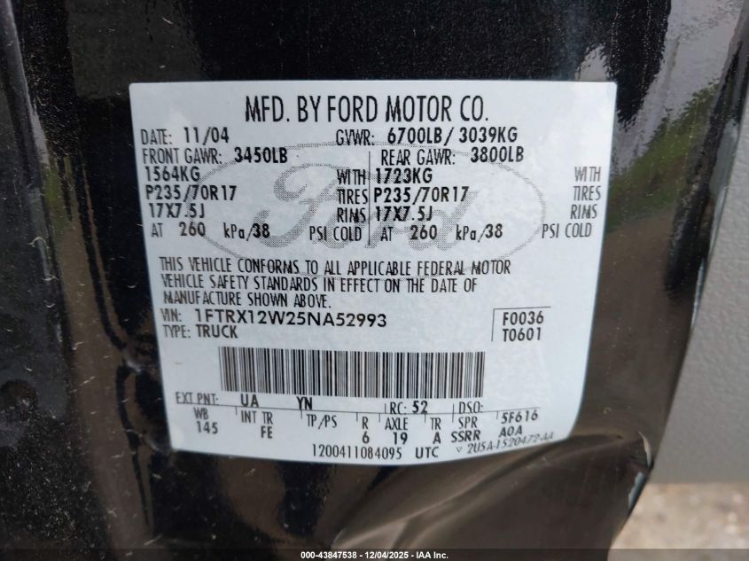 2005 Ford F-150 Stx/Xl/Xlt VIN: 1FTRX12W25NA52993 Lot: 43847538