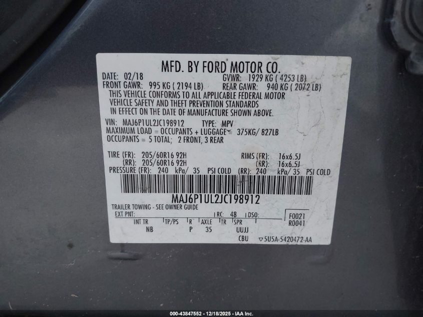 2018 Ford Ecosport Se VIN: MAJ6P1UL2JC198912 Lot: 43847552