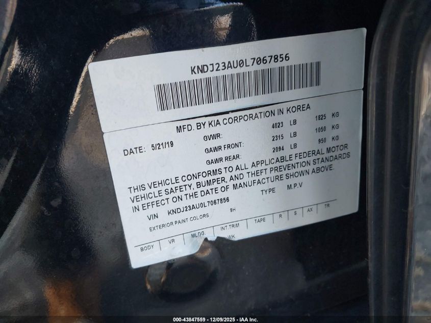 2020 Kia Soul Lx VIN: KNDJ23AU0L7067856 Lot: 43847559