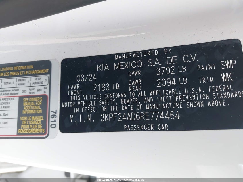VIN 3KPF24AD6RE774464 2024 KIA FORTE LXS