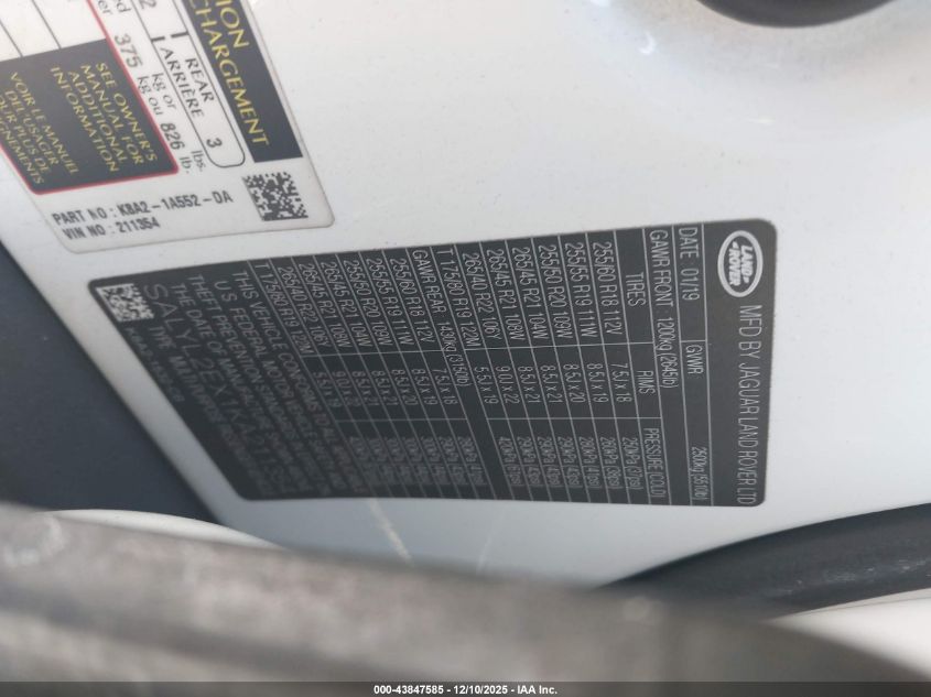 2019 Land Rover Range Rover Velar P250 R-Dynamic Se VIN: SALYL2EX1KA21135 Lot: 43847585