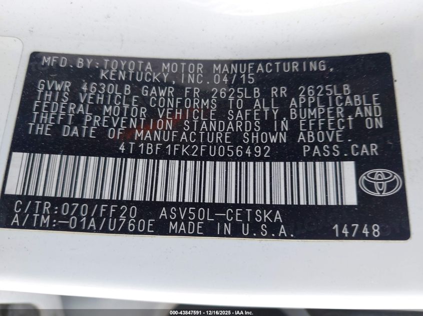 2015 Toyota Camry Se VIN: 4T1BF1FK2FU056492 Lot: 43847591