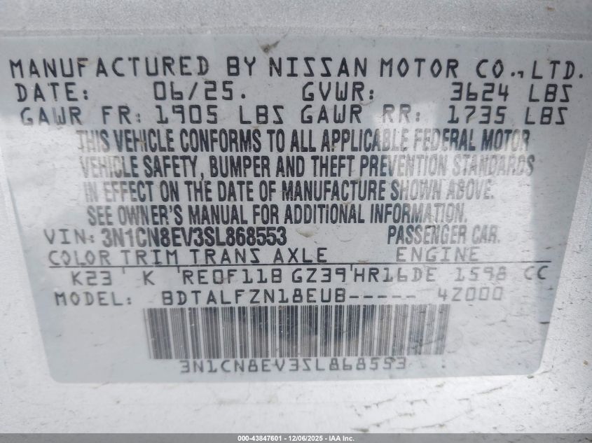 2025 Nissan Versa 1.6 Sv VIN: 3N1CN8EV3SL868553 Lot: 43847601