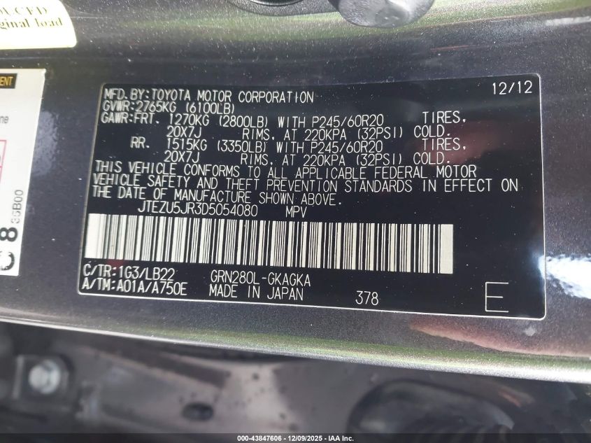 2013 Toyota 4Runner Limited VIN: JTEZU5JR3D5054080 Lot: 43847606