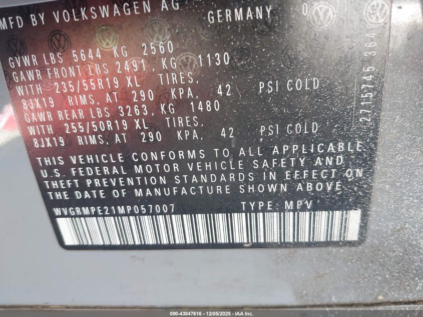 2021 Volkswagen Id.4 Pro VIN: WVGRMPE21MP057007 Lot: 43847616