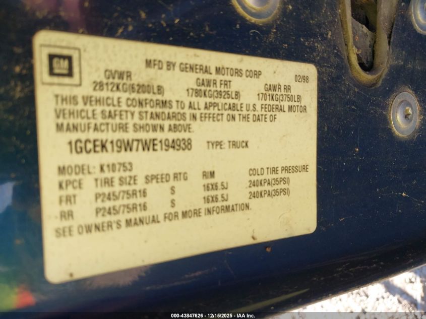 1998 Chevrolet K1500 Fleetside VIN: 1GCEK19W7WE194938 Lot: 43847626