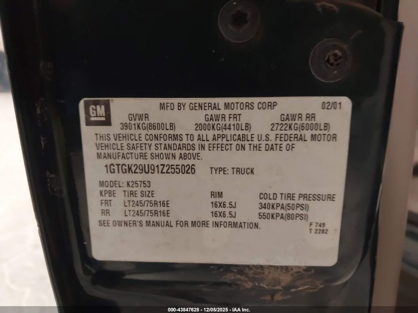 2001 GMC Sierra 2500 Sle VIN: 1GTGK29U91Z255026 Lot: 43847628