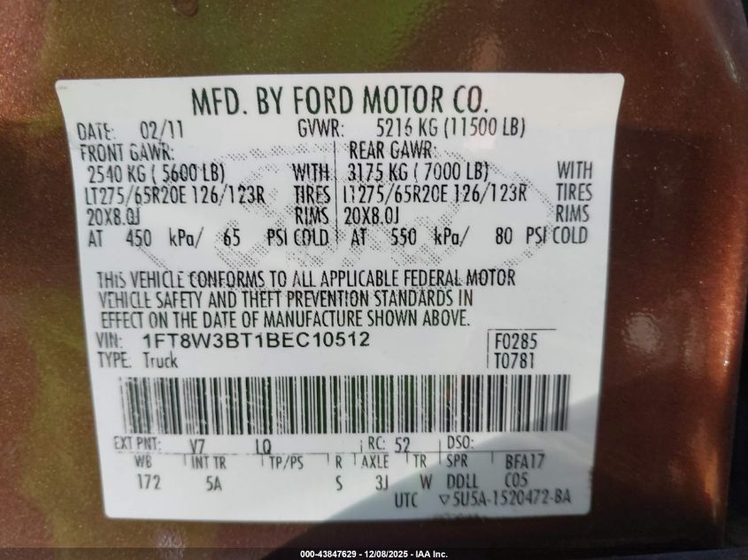 2011 Ford F-350 Lariat VIN: 1FT8W3BT1BEC10512 Lot: 43847629