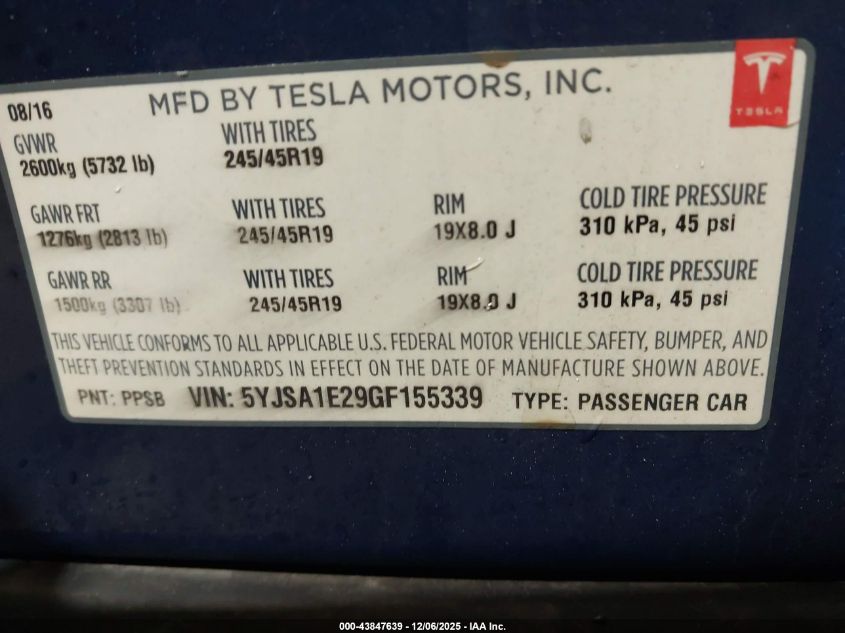 2016 Tesla Model S 60D/70D/75D/85D/90D VIN: 5YJSA1E29GF155339 Lot: 43847639