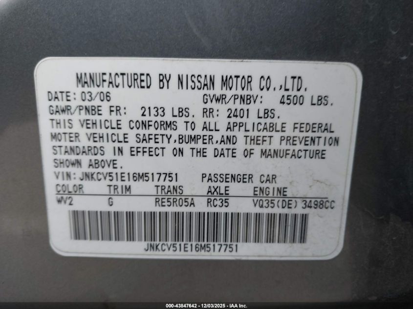 2006 Infiniti G35 VIN: JNKCV51E16M517751 Lot: 43847642