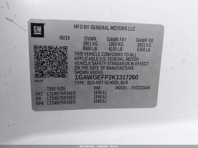 2019 Chevrolet Express 2500 Ls VIN: 1GAWGEFP2K1317260 Lot: 43847644