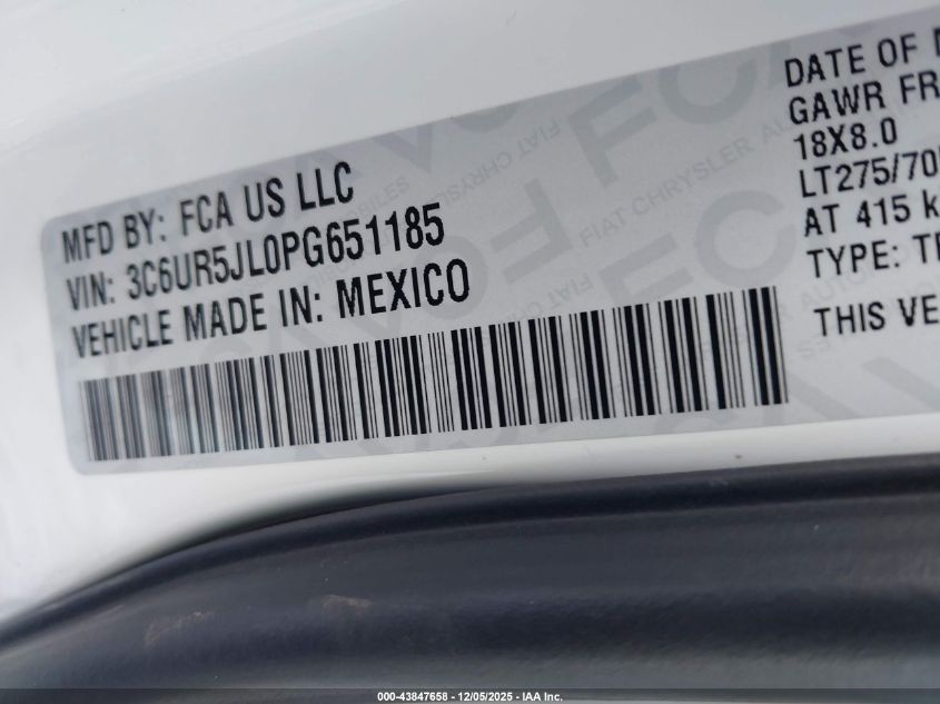 2023 Ram 2500 Big Horn 4X4 8' Box VIN: 3C6UR5JL0PG651185 Lot: 43847658