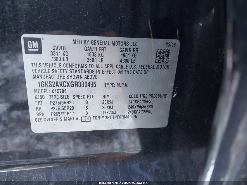 2016 GMC Yukon Sle VIN: 1GKS2AKCXGR330495 Lot: 43847670