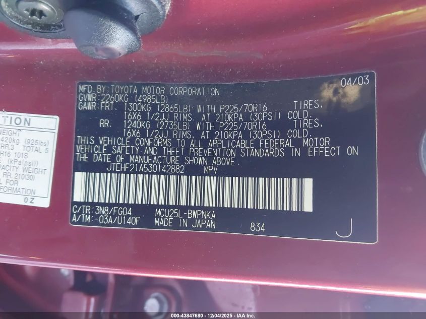 2003 Toyota Highlander V6 VIN: JTEHF21A530142882 Lot: 43847680