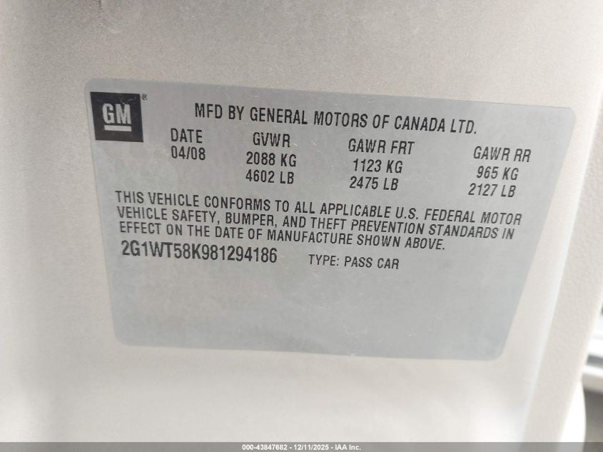 2008 Chevrolet Impala Lt VIN: 2G1WT58K981294186 Lot: 43847682