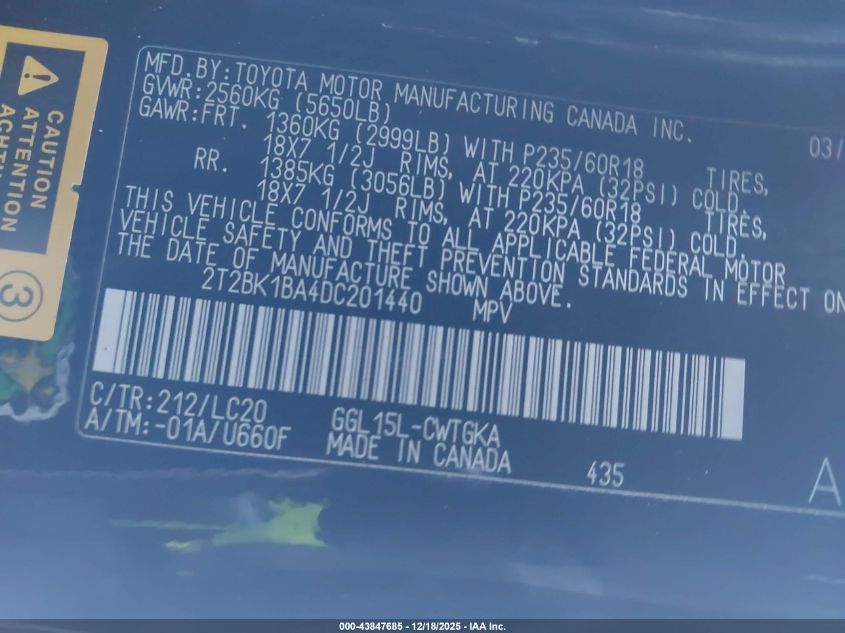 2013 Lexus Rx 350 VIN: 2T2BK1BA4DC201440 Lot: 43847685