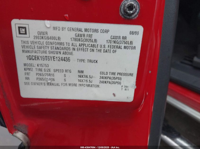2000 Chevrolet Silverado 1500 Ls VIN: 1GCEK19T6YE124436 Lot: 43847694