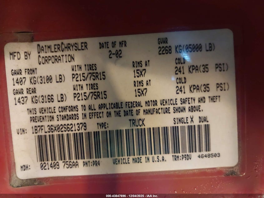 2002 Dodge Dakota Sport/Rt VIN: 1B7FL36X02S621379 Lot: 43847696