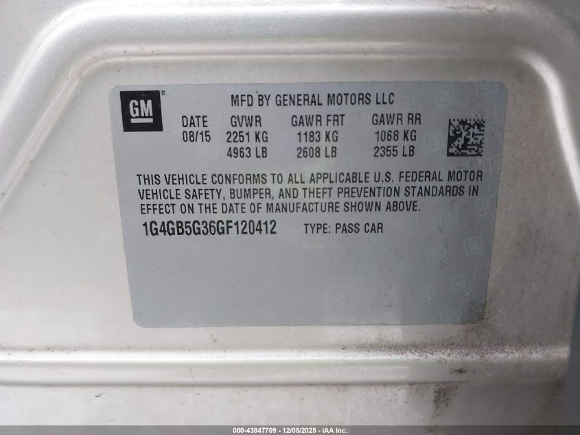 2016 Buick Lacrosse Leather VIN: 1G4GB5G36GF120412 Lot: 43847709