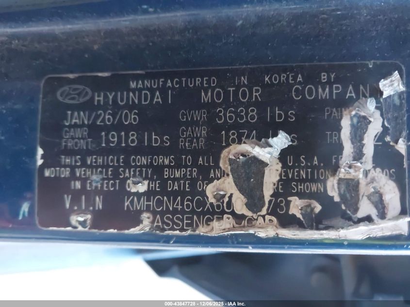 2006 Hyundai Accent Gls VIN: KMHCN46CX6U033737 Lot: 43847728