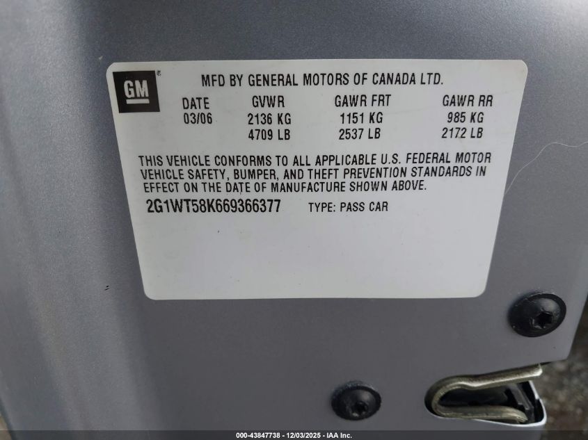 2006 Chevrolet Impala Lt VIN: 2G1WT58K669366377 Lot: 43847738
