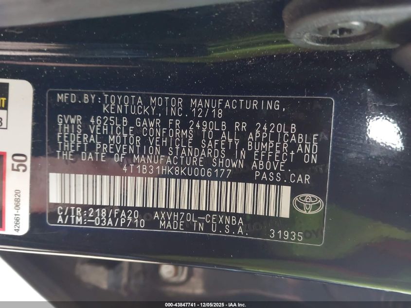 2019 Toyota Camry Hybrid Le VIN: 4T1B31HK8KU006177 Lot: 43847741