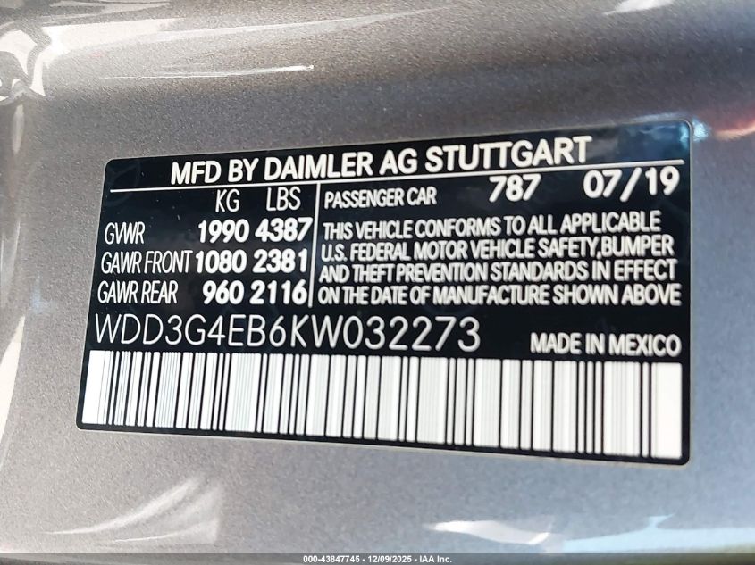 2019 Mercedes-Benz A 220 VIN: WDD3G4EB6KW032273 Lot: 43847745