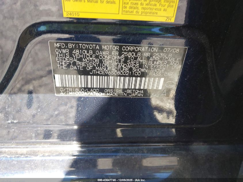 2008 Lexus Gs 350 VIN: JTHCE96S080021100 Lot: 43847746