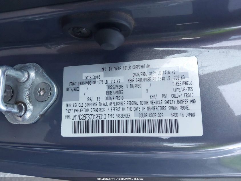 2007 Mazda Mx-5 Grand Touring VIN: JM1NC26F870126010 Lot: 43847751