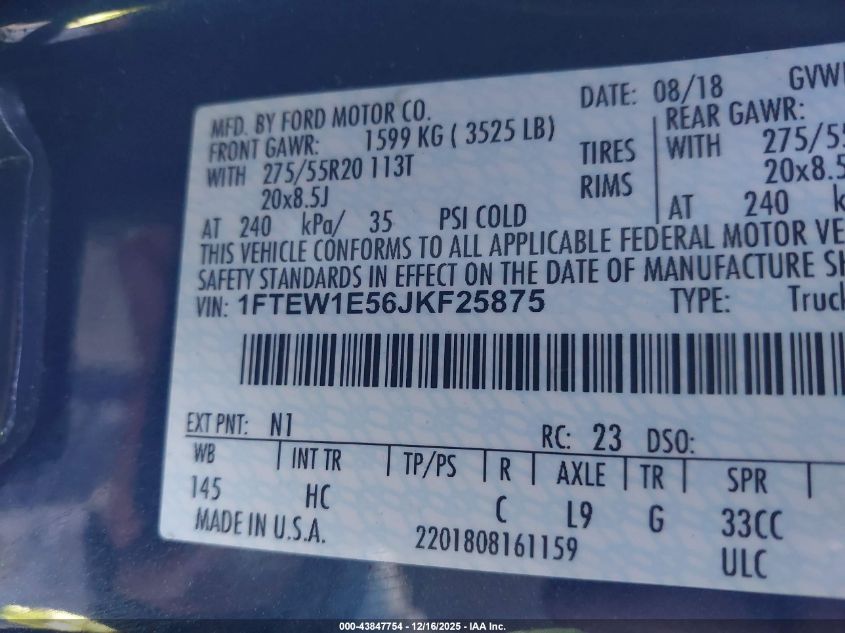 2018 Ford F-150 Lariat VIN: 1FTEW1E56JKF25875 Lot: 43847754