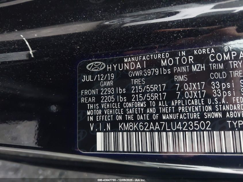 2020 Hyundai Kona Sel Plus VIN: KM8K62AA7LU423502 Lot: 43847755
