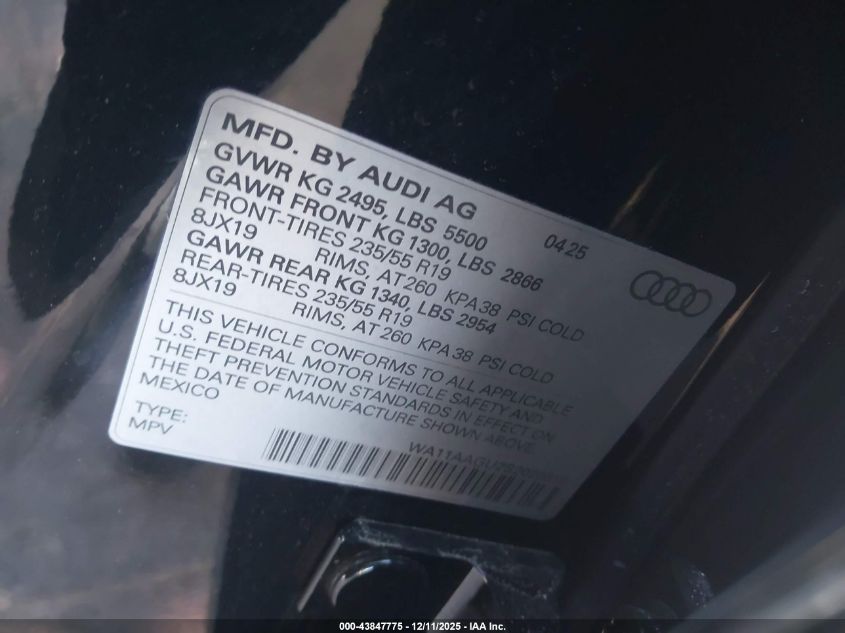 2025 Audi All-New Q5 Premium Tfsi Quattro S Tronic VIN: WA11AAGU2S2020316 Lot: 43847775