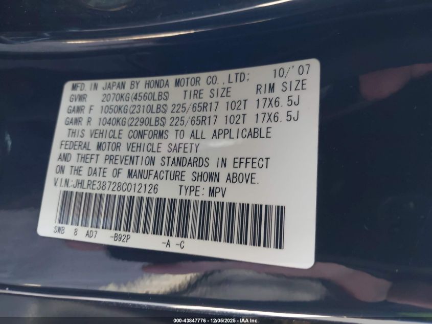 2008 Honda Cr-V Ex-L VIN: JHLRE38728C012126 Lot: 43847776