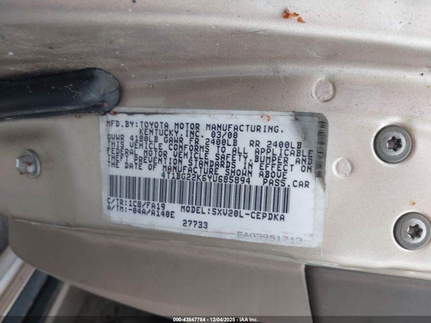 1998 Toyota Camry Le VIN: 4T1BG22K9WU339125 Lot: 43847784