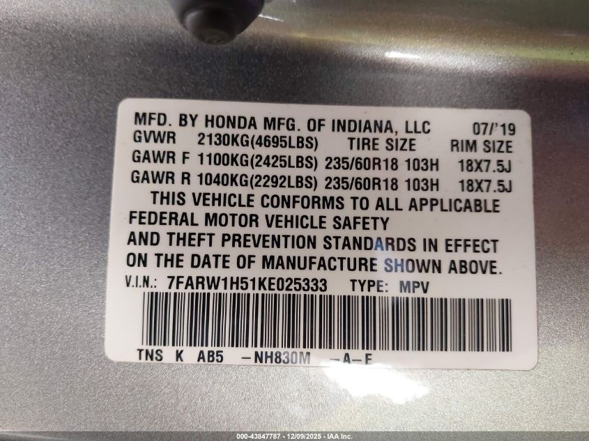 2019 Honda Cr-V Ex VIN: 7FARW1H51KE025333 Lot: 43847787