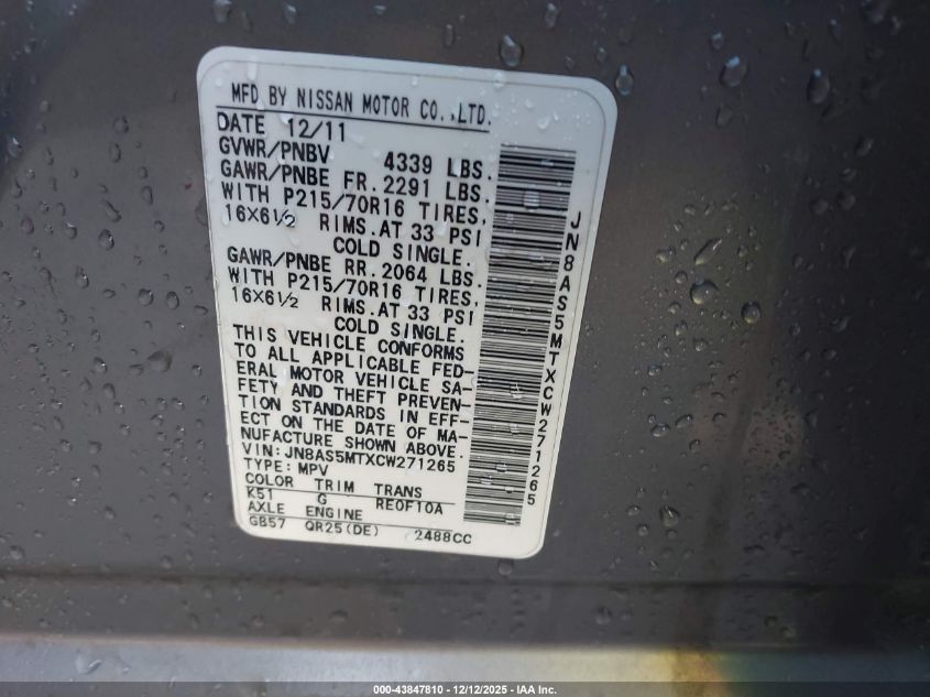 2012 Nissan Rogue S VIN: JN8AS5MTXCW271265 Lot: 43847810