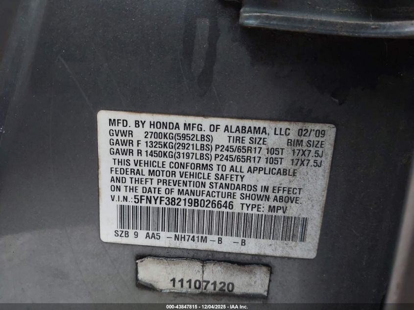 2009 Honda Pilot Lx VIN: 5FNYF38219B026646 Lot: 43847815