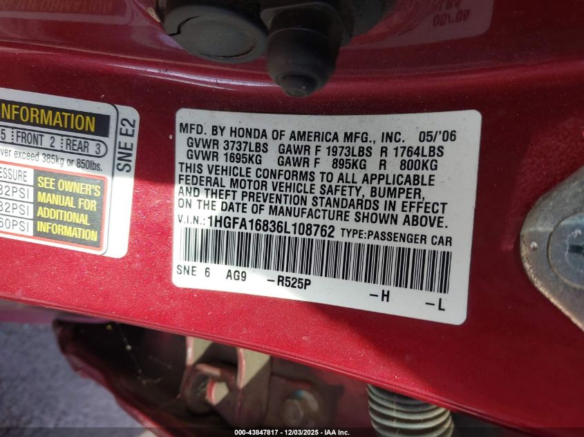 2006 Honda Civic Ex VIN: 1HGFA16836L108762 Lot: 43847817