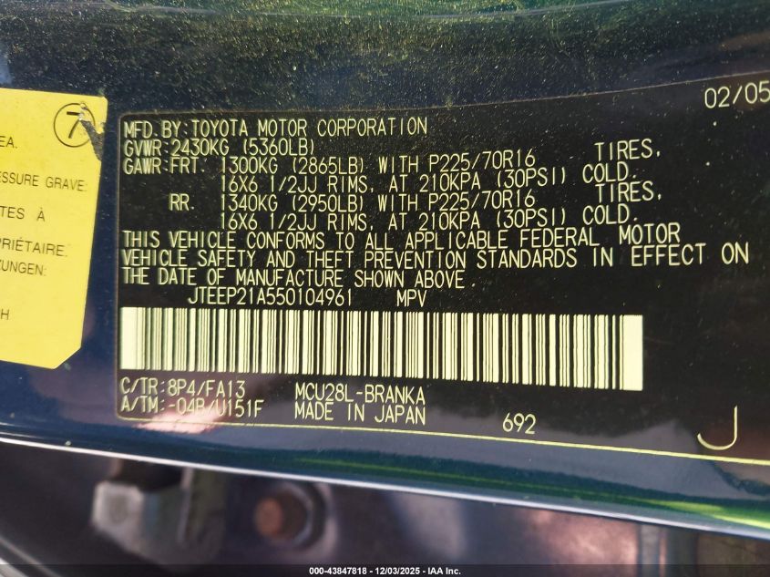 2005 Toyota Highlander V6 VIN: JTEEP21A550104961 Lot: 43847818