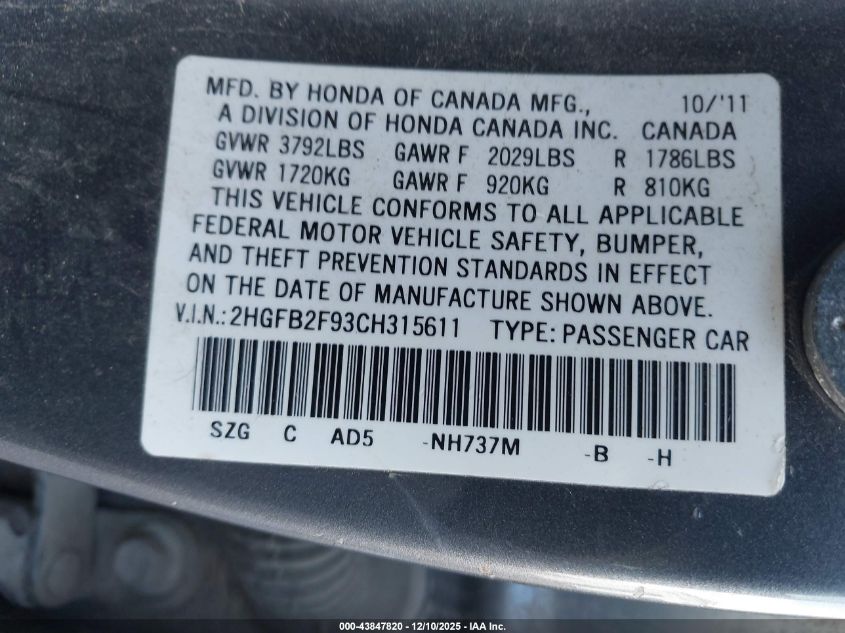 2012 Honda Civic Ex-L VIN: 2HGFB2F93CH315611 Lot: 43847820