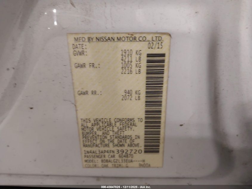 2015 Nissan Altima 2.5 S VIN: 1N4AL3AP4FN392720 Lot: 43847825