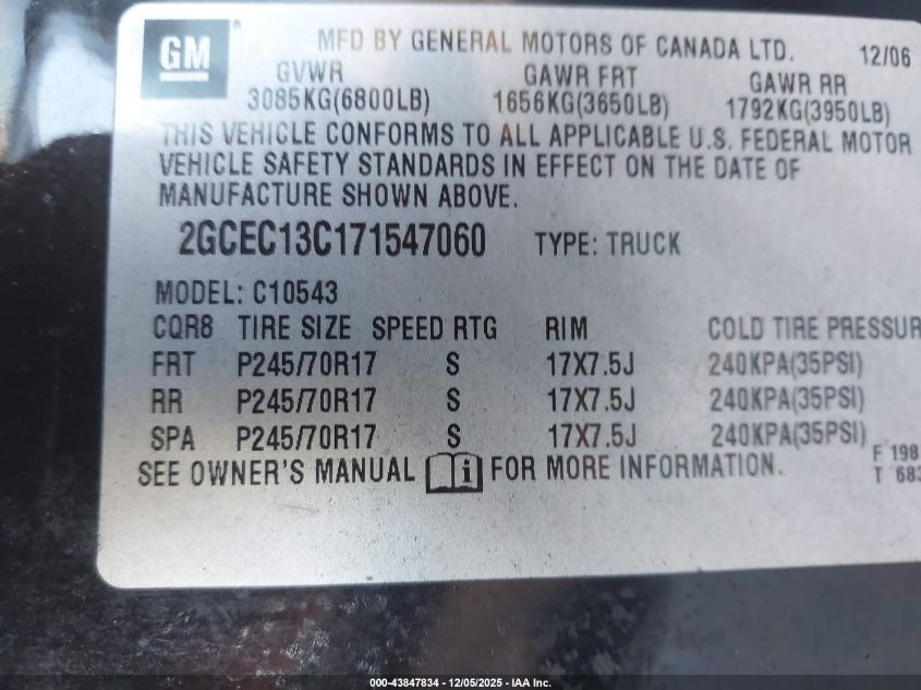 2007 Chevrolet Silverado 1500 Lt1 VIN: 2GCEC13C171547060 Lot: 43847834