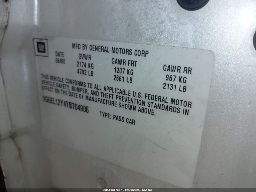 2000 Cadillac Eldorado Esc VIN: 1G6EL12Y4YB704906 Lot: 43847877