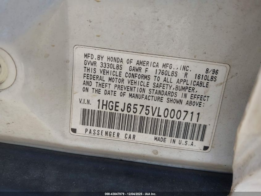 1997 Honda Civic Lx VIN: 1HGEJ6575VL000711 Lot: 43847879