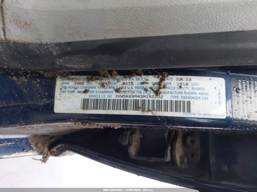 2003 Volkswagen Jetta Gls 2.0L VIN: 3VWSK69M43M142202 Lot: 43847882